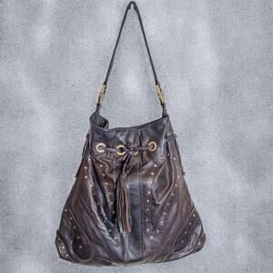 Vintage Y2K Bulga Brown Leather Studded Hobo Bag Drawstring Tassel Purse